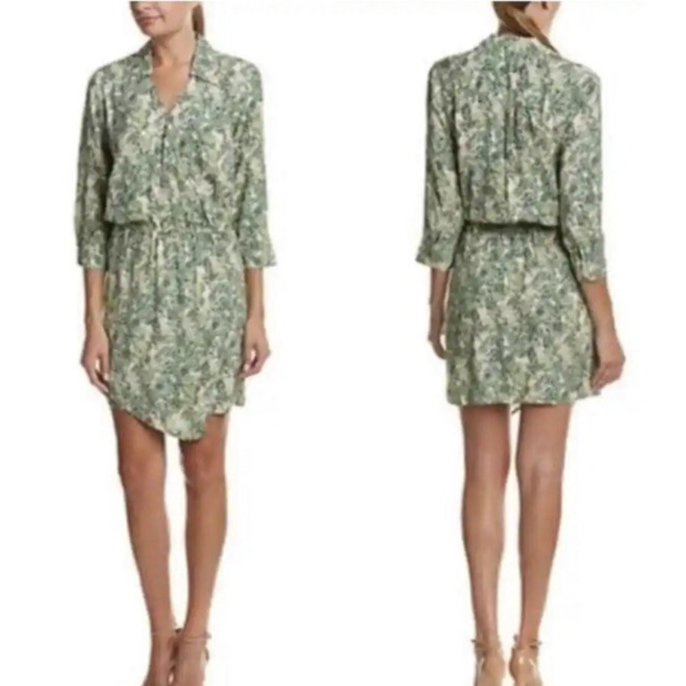 Cabi Faux Wrap Shirt Dress Medium M Green Tropical Leaf Print Long Sleeve #280